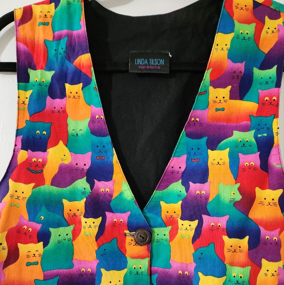 Vintage Retro Rainbow Cat Button Front Cotton Print Novelty Vest M - Picture 2 of 6